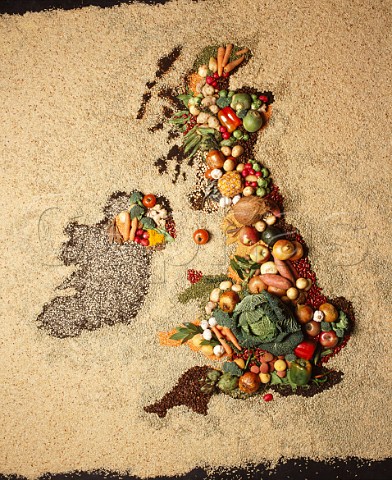 Map of British Isles made of fruit vegetables    pulses and grains