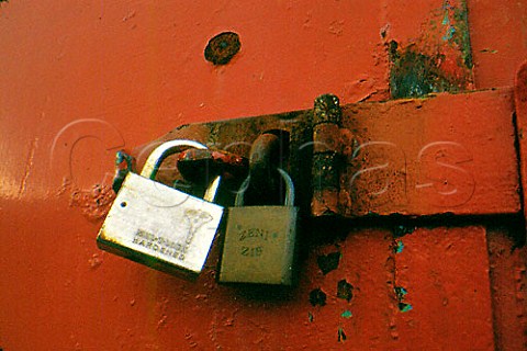 Double lock on warehouse door at   Glenfarclas Distillery Ballindalloch   Banffshire One key is held by Customs   and Excise