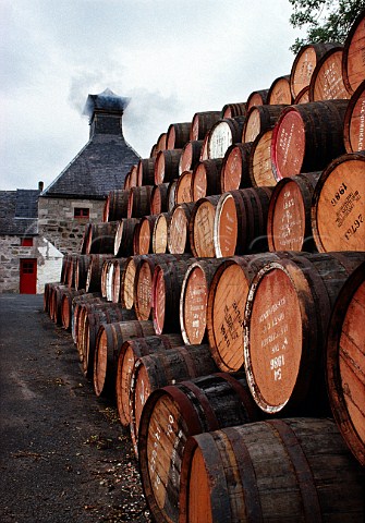 Kiln house and whisky casks at   Glendronach Distillery near Huntly   Banffshire Scotland   
