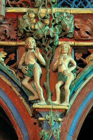 Adam and Eve in the Chapel of StFiacre   at Le Faouet Morbihan France Brittany