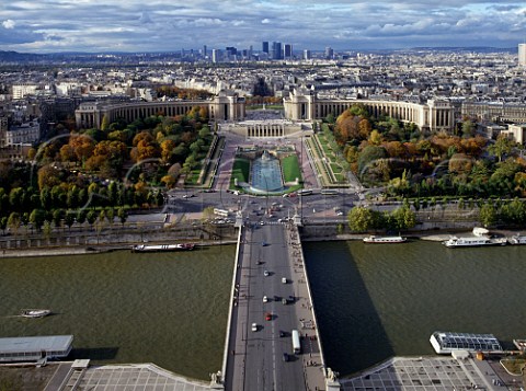 Trocadro Gardens and Palais de Chaillot with La Defense in the distance Paris France