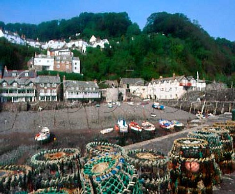 Lobster pots on the harbour wall at Clovelly North   Devon England