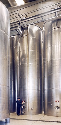 Taking sample of Chardonnay from stainless steel tank in winery of Giordano Valle Talloria dAlba Piemonte Italy