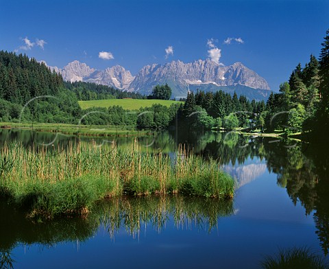 View over lake to the Wilder Kaiser mountain Tyrol Austria  