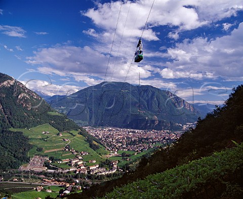 Cable car ascending to SGensio Atesino over the   vineyards in the Santa Maddalena zone on the steep   hillsides above Bolzano   Alto Adige Italy  Santa Maddalena DOC