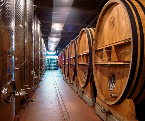 Stainless steel tanks and oak casks in   the cellars of Cantine MezzaCorona  Mezzocorona Trentino Italy