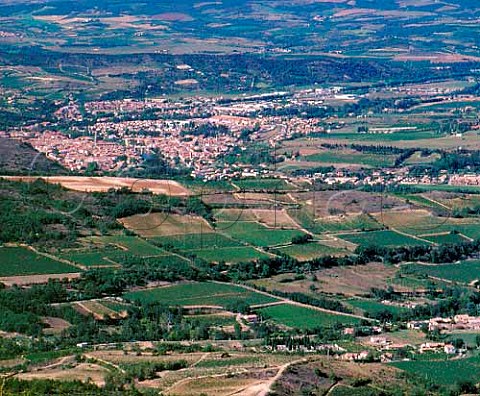 Vineyards surround the town of Limoux in the Aude   valley  viewed from the 654metre high   Pic de Brau   Aude France