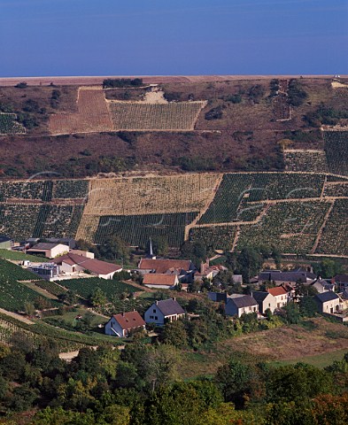 Village of Chavignol at the foot of Les MontsDamns vineyard with the winery of   Henri Bourgeois on the left  Cher France   AC Sancerre