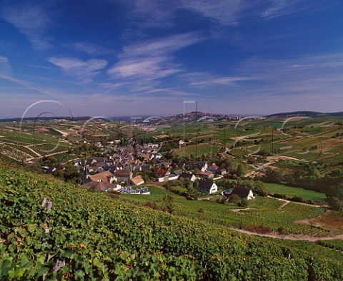 View over village of Chavignol from top of Le Cul de Beaujeu vineyard with the winery of Henri Bourgeois bottom left and the hilltop town of Sancerre in the distance Cher France   AC Sancerre