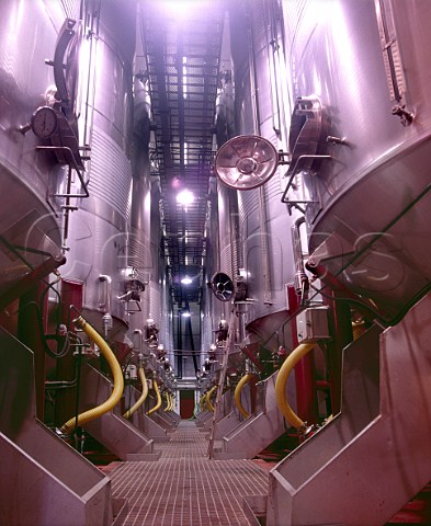 Stainless steel fermenting tanks of Bodegas Palacio de la Vega Discatillo near Estella Navarra Spain