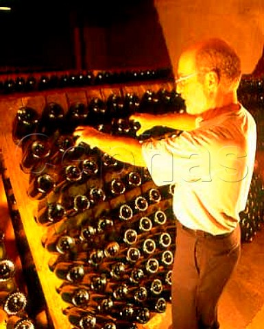Remueur turning bottles at Domaine Chandon   Yountville Napa Co California