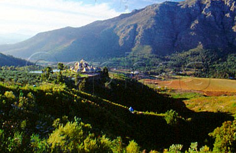 View from Neil Ellis Vineyards over    Konstanz Castle to the Jonkershoek Valley  Stellenbosch South Africa