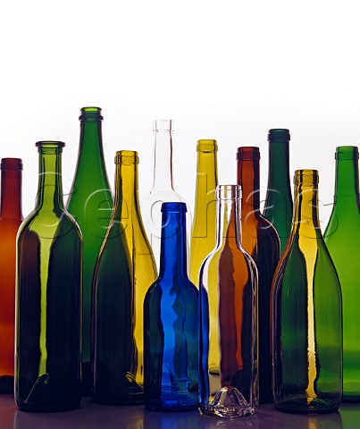 Empty wine bottles assorted colours shapes and sizes