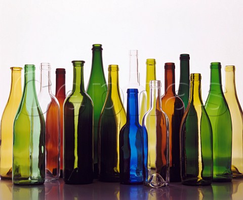 Empty wine bottles  assorted colours shapes and   sizes