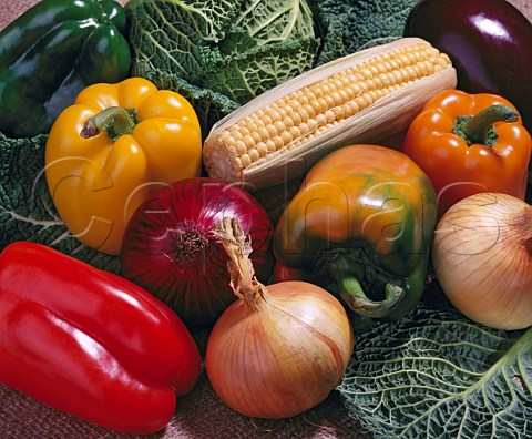 Assorted vegetables peppers cornonthecob  onions aubergine cabbage