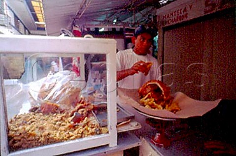 Pork crackling on sale in Merida  Municipal Market Yucatan Mexico