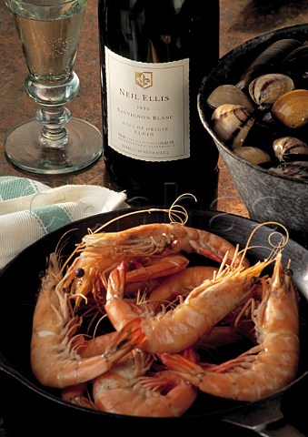 South Africa King prawns clams and mussels  with a bottle of Neil Ellis Sauvignon Blanc