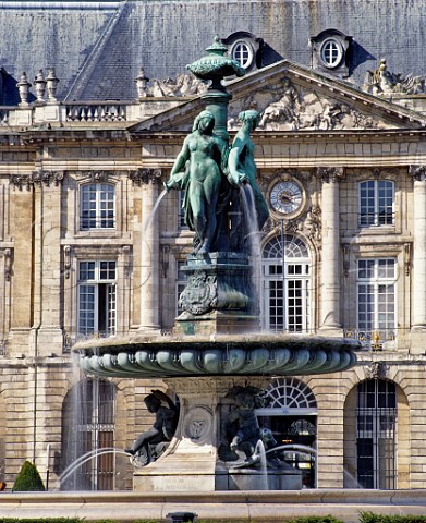 Fountain in Place de la Bourse with the Palais de la  Bourse behind Bordeaux Gironde France
