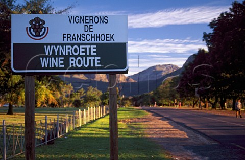 Wine Route sign at entrance to town of Franschhoek  South Africa  Paarl