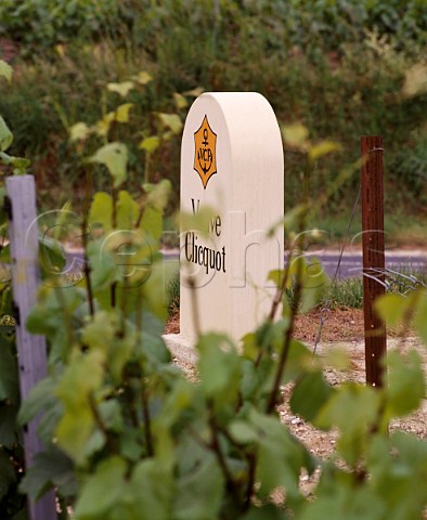 Veuve Clicquot marker stone in one of their   vineyards at VillersMarmery on the eastern slopes of   the Montagne de Reims Marne France   Champagne