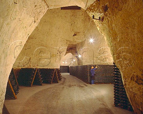 Examining the sediment in wines lying sur lattes   in the cellars of Veuve Clicquot Ponsardin in the   GalloRoman chalk quarries crayres of Reims   Marne France  Champagne