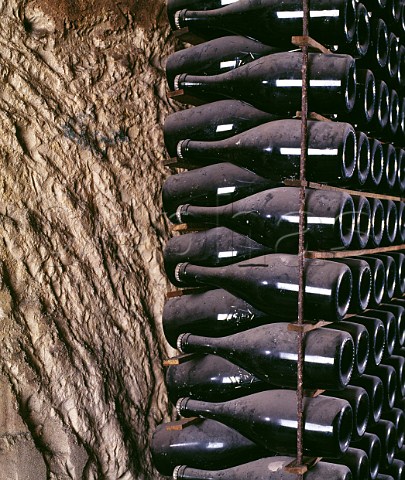 Bottles of La Grande Dame aging sur lattes in the cellars of Veuve Clicquot Ponsardin in the GalloRoman chalk quarries crayres of Reims Marne France  Champagne