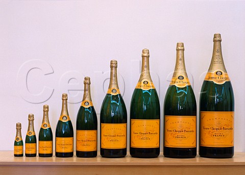 Nine sizes of Veuve Clicquot champagne quarter half bottle magnum Jroboam Methuselah Salmanazar Balthazar Nebuchadnezzar