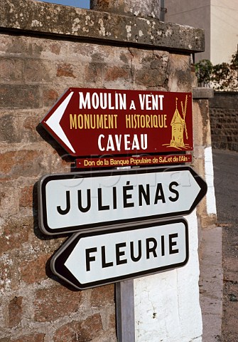 Signs to Julinas Fleurie and   MoulinVent in the Beaujolais region   France