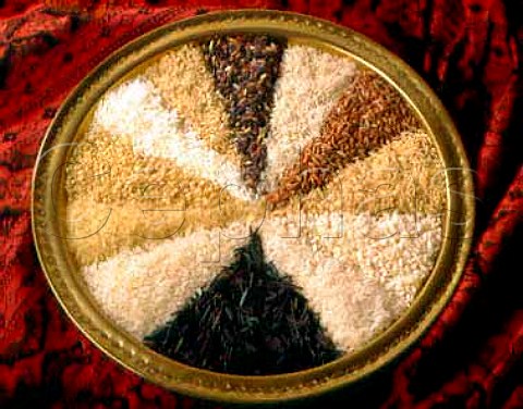 Twelve varieties of rice on a brass tray