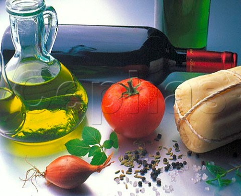 Italy Olive oil with tomato cheese and bottles of  wine