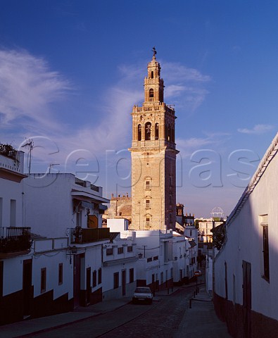 The 18th century Mudjar tower of Santa Maria de Oliva church which was built as a mosque in the 12th century and converted to a church by Alfonso X Lebrija near Jerez de la Frontera Andalucia Spain  Sherry 