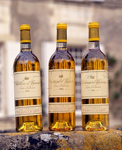 Bottles of 1980 1982 and 1985 in the courtyard of   Chteau dYquem Sauternes Gironde France