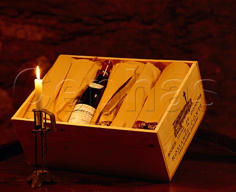 Case of wine in cellar of Domaine de la RomaneConti VosneRomane Cte dOr France  Cte de Nuits