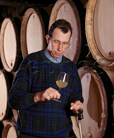 JeanFranois CocheDury checking on the progress of   his wines in barrel  Meursault Cte dOr France