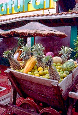 Display of tropical fruit in an old mine   trolley outside a health food restaurant   Yucatan Mexico