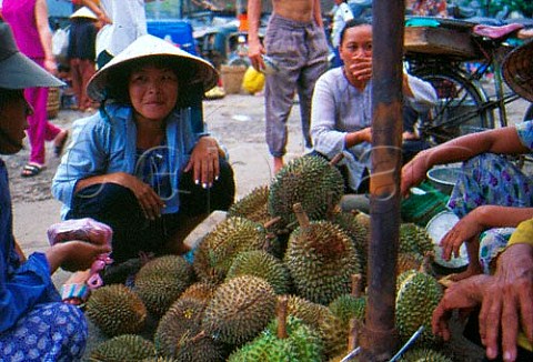 Selling Durian fruit in market Saigon   Vietnam