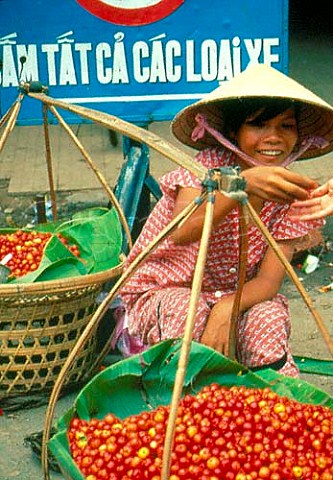 Selling tomatoes in market Saigon Vietnam