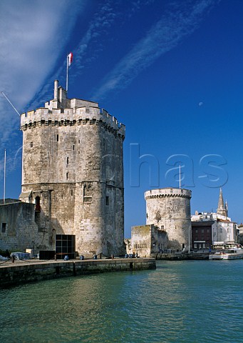 The Towers of St Nicholas and La Chaine at the entrance to the ancient port of La Rochelle CharenteMaritime France  PoitouCharentes
