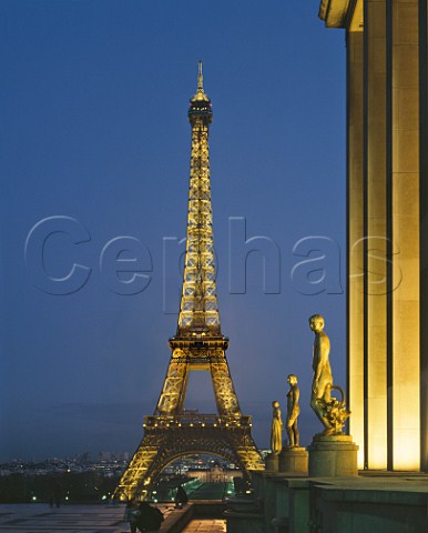 Eiffel Tower at dusk viewed from the Palais de Chaillot Paris France