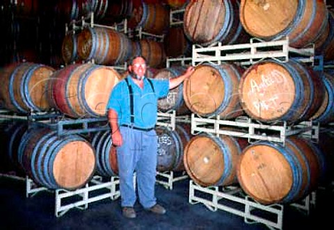 Kent Rasmussen in his new barrel cellar on the   Silverado Trail  his Pinot Noir grapes come from his   vineyards in the Carneros region  Napa California