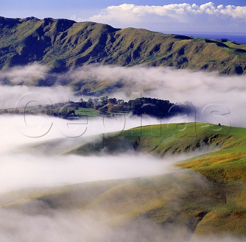 View over cloudswathed landscape to the   Craggy Range Havelock North New Zealand     Hawkes Bay