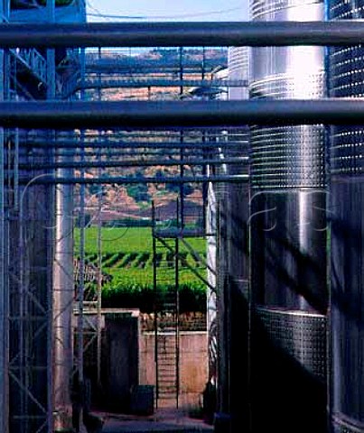 Stainless steel tanks and vineyard of   Via San Pedro Molina Chile  Lontue Valley
