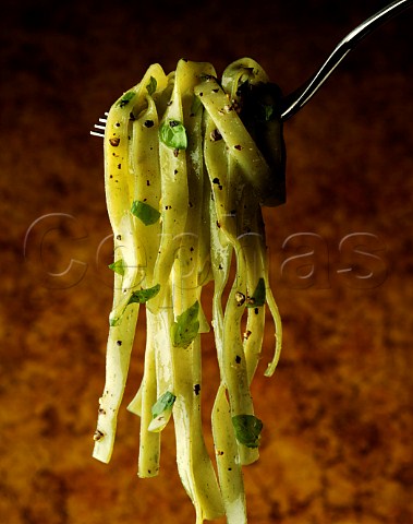 Spinach tagliatelle on a fork