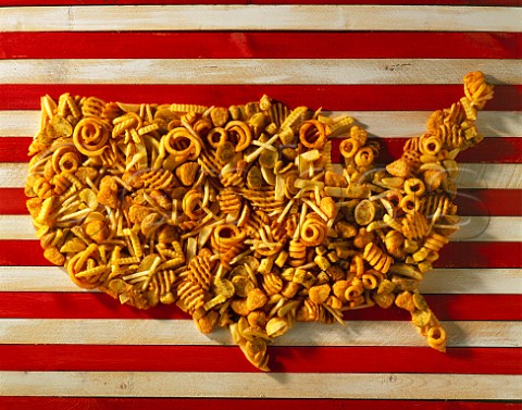 Snacks Map of USA in a variety of potato  products chips crisps wedges etc
