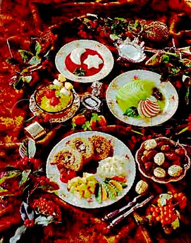 Christmas Avocado and apple starter mushroom and   couscous roulade with mashed potato sauted   potatoes and vegetables crushed pineapple with   fruit kebabs and goat cheese moulds with raspberry   coulis