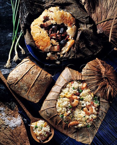 Vegetable  Ngormaigai Sticky rice wrapped in a   Lotus Leaf Lotus Leaf Rice with prawns etc