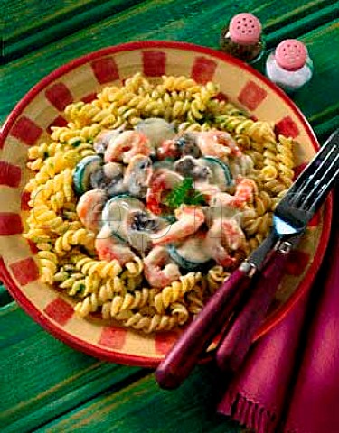 Italy Fusilli with prawns courgettes and mushrooms  in a creamy sauce