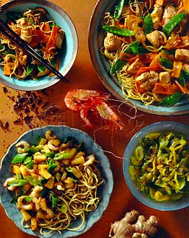 Prawn  Pork mange tout and carrot stirfry with  noodles and prawn spring onion and pineapple   stirfry with noodles