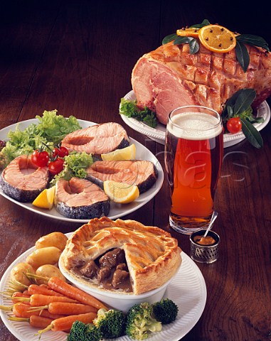 Roast gammon Salmon steaks Steak and Kidney pie with vegetables 