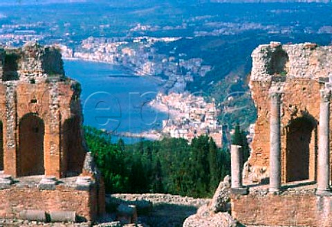 Greek Theatre at Taormina with a view   along the coast Sicily